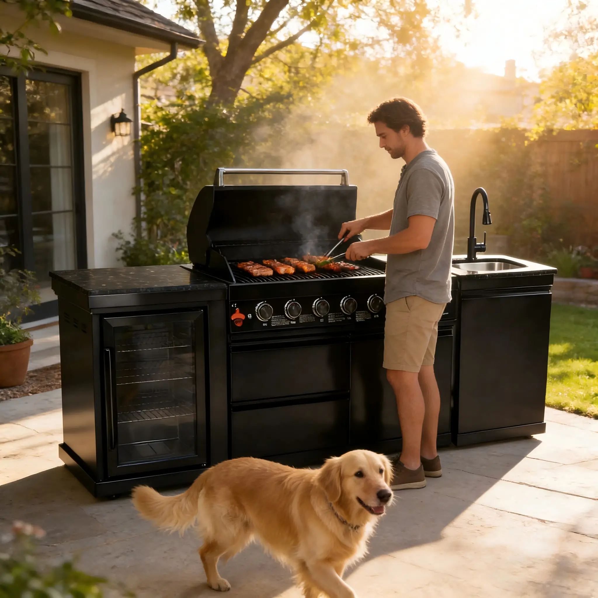 82" 6-Burner 85,000 BTU Gas Outdoor Kitchen Island Grill Stainless Steel Sink Wine Cooler by Chery Industrial