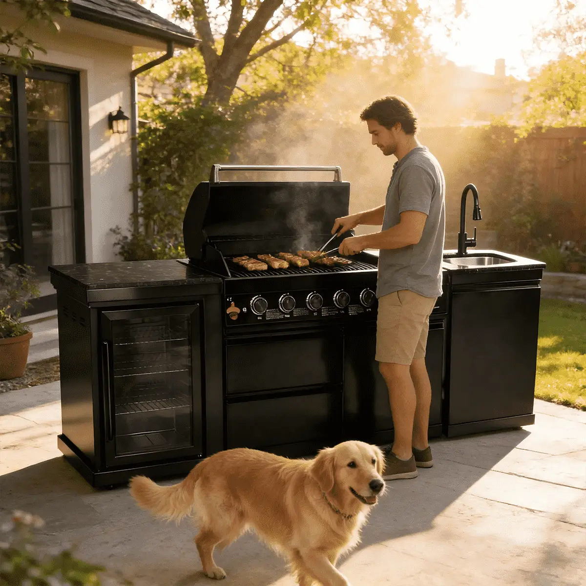 82" 6-Burner 85,000 BTU Gas Outdoor Kitchen Island Grill Stainless Steel Sink Wine Cooler by Chery Industrial