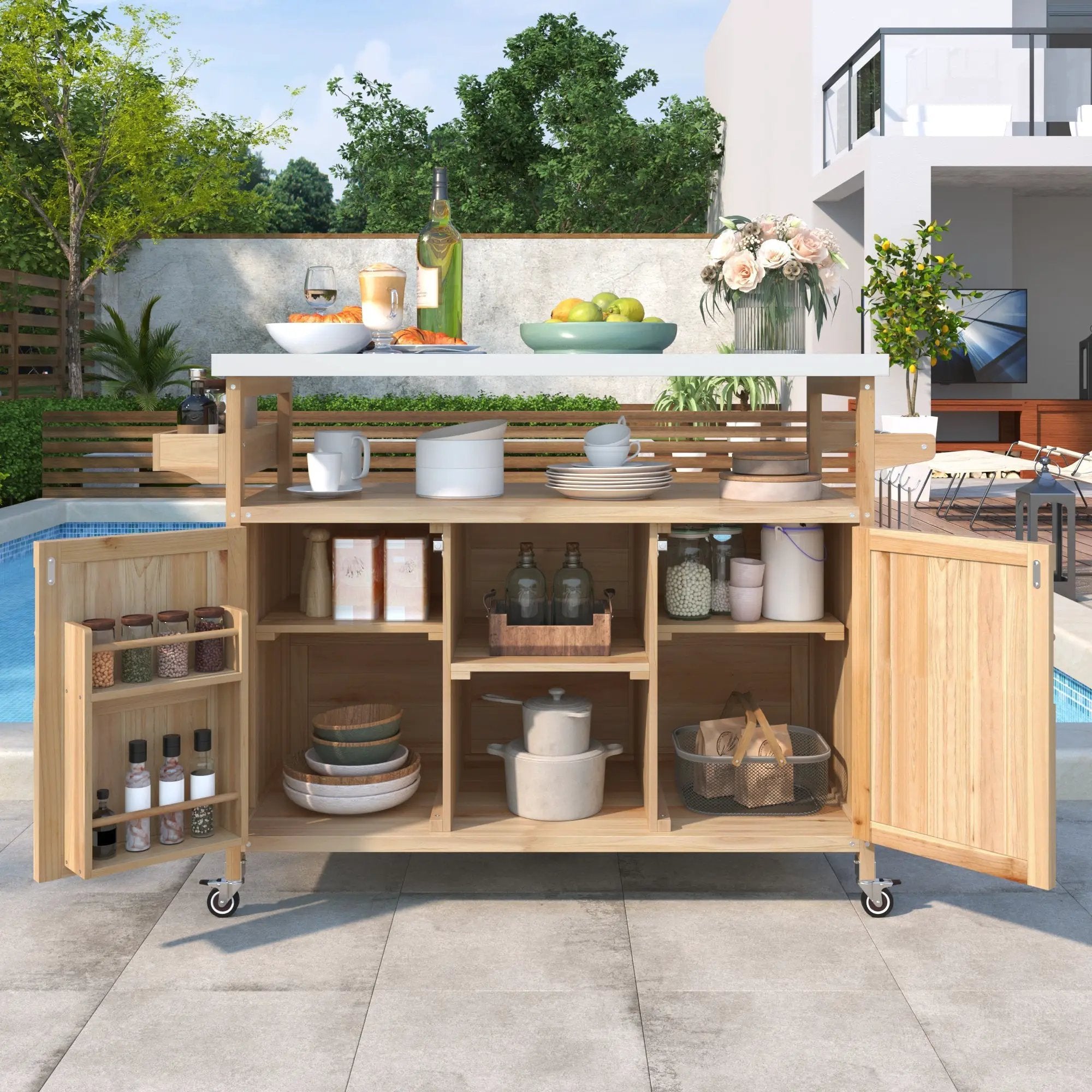 K&K Outdoor Kitchen Island, Rolling Bar Cart & Storage Cabinet by HouseOfZazla