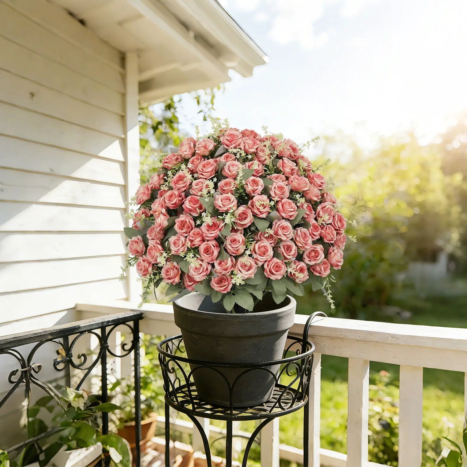 Artificial Rose Decoration With UV Resistant Silk Petals, Durable Stems In Cement Pot, Indoor Outdoor Potted Floral Arrangement - Green / Pink by HouseOfZazla