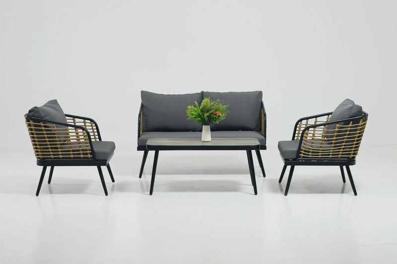 4 Pieces Patio Furniture Set, PE Rattan Wicker With Washable Cushion And Tempered Glass Tabletop, Conversation Furniture For Garden Poolside Balcony by HouseOfZazla