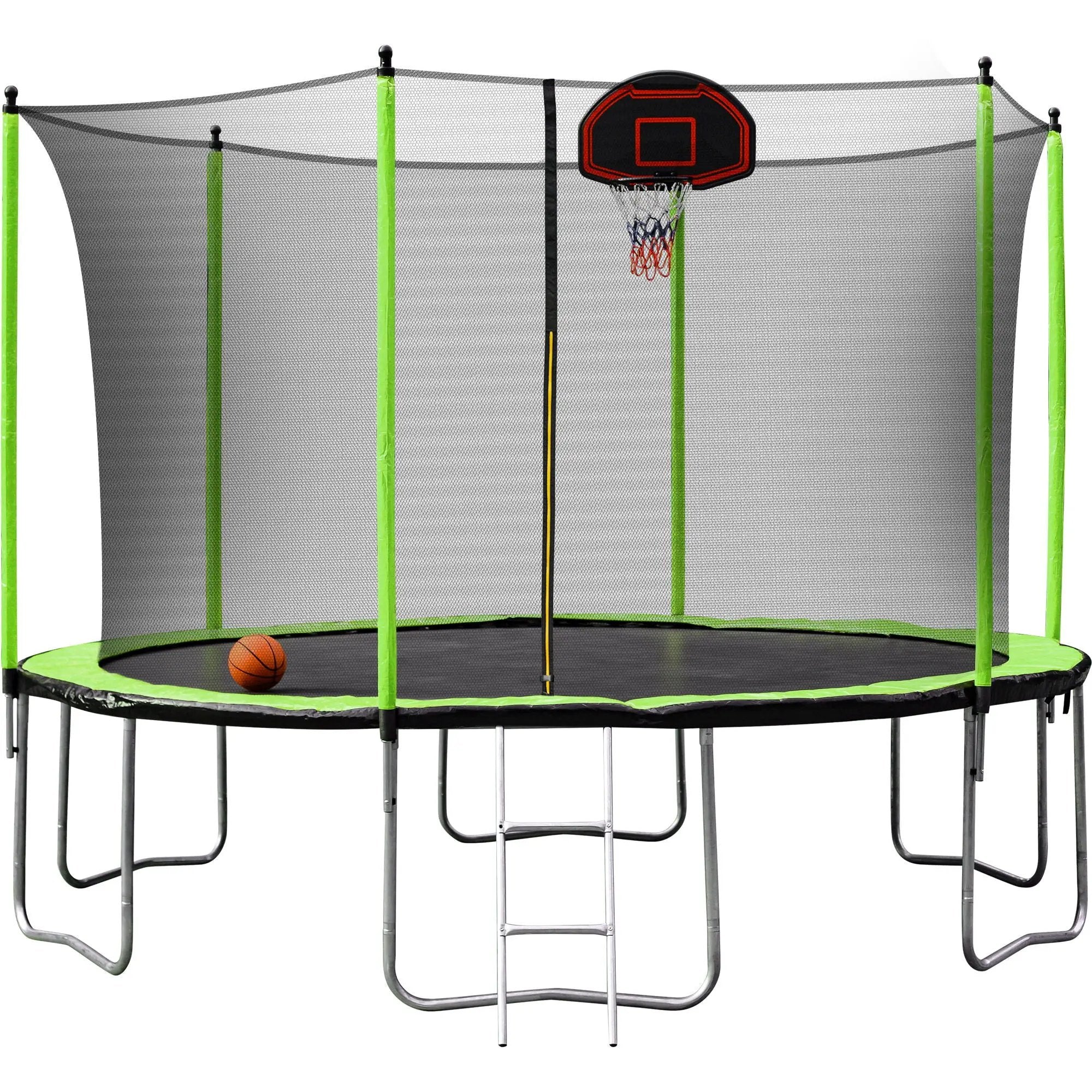 14Ft Trampoline With Basketball Hoop Inflator And Ladder (Inner Safety Enclosure) - Green by HouseOfZazla