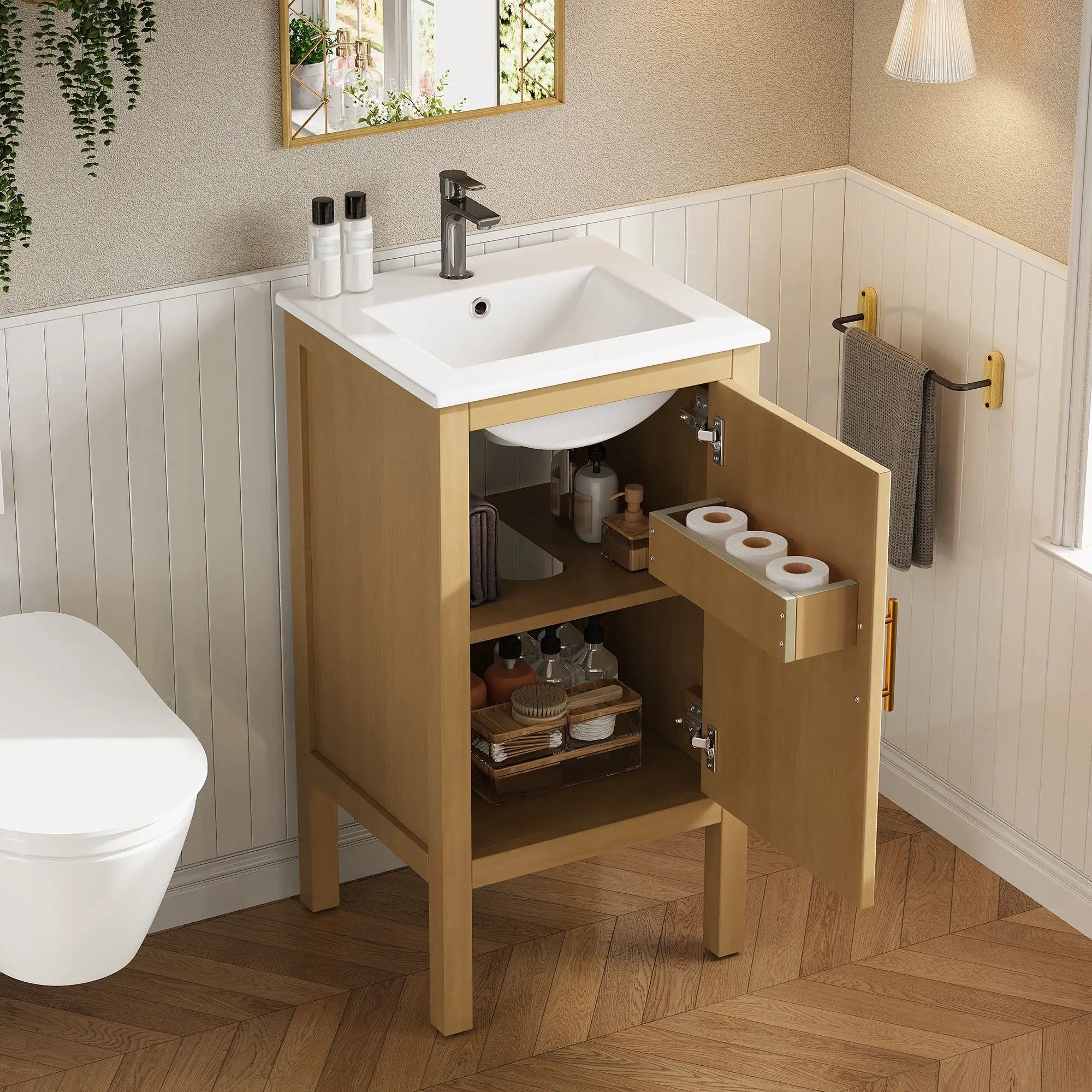 Bathroom Cabinet With Sink, Adjustable Shelf, Soft Closing Hinges - Natural Wood by Unique Piece Furniture