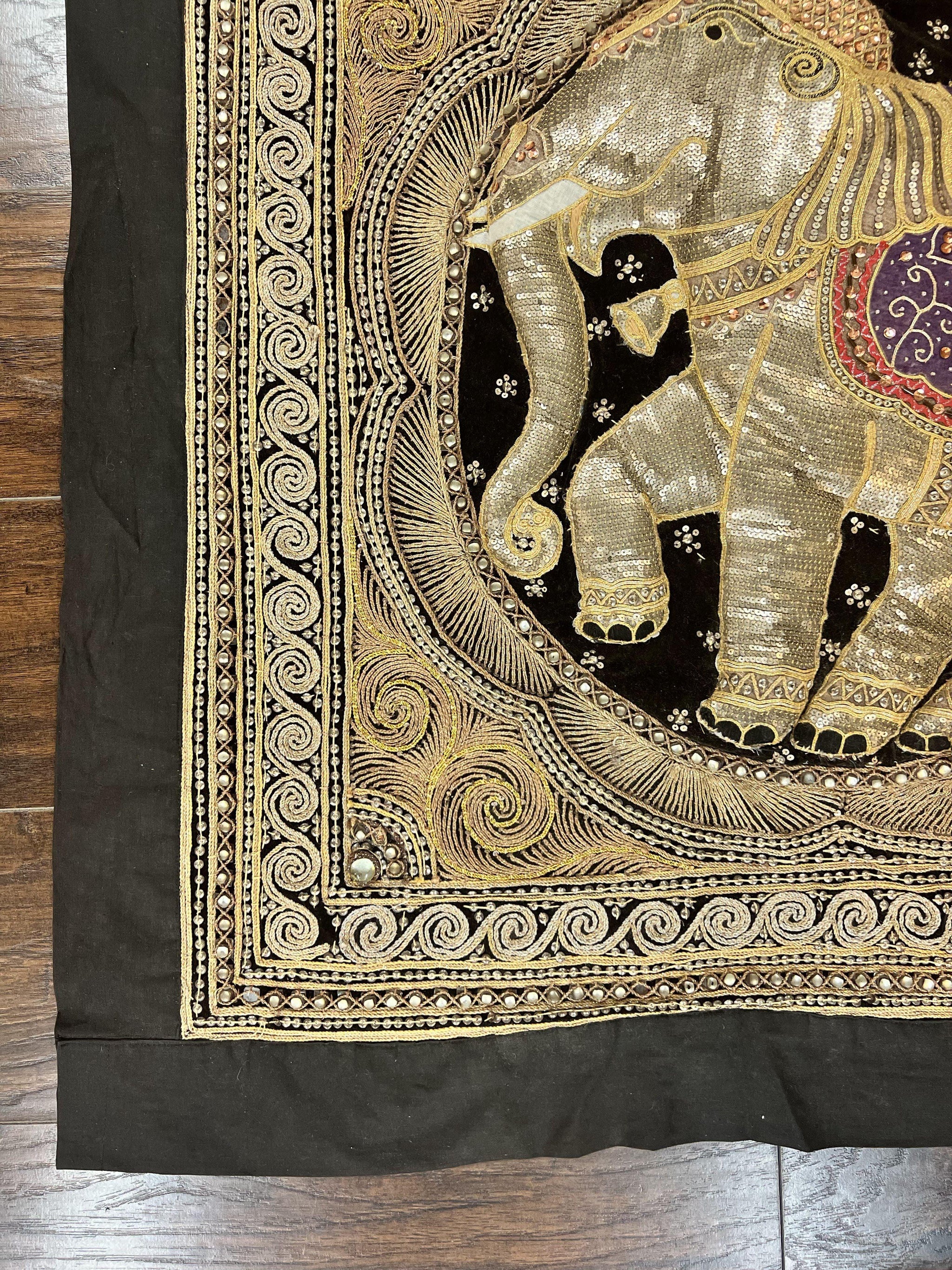 Indian Embroidery 3x3, Elephant Design, Detailed Needlepoint, Beadwork by Jewel Rugs