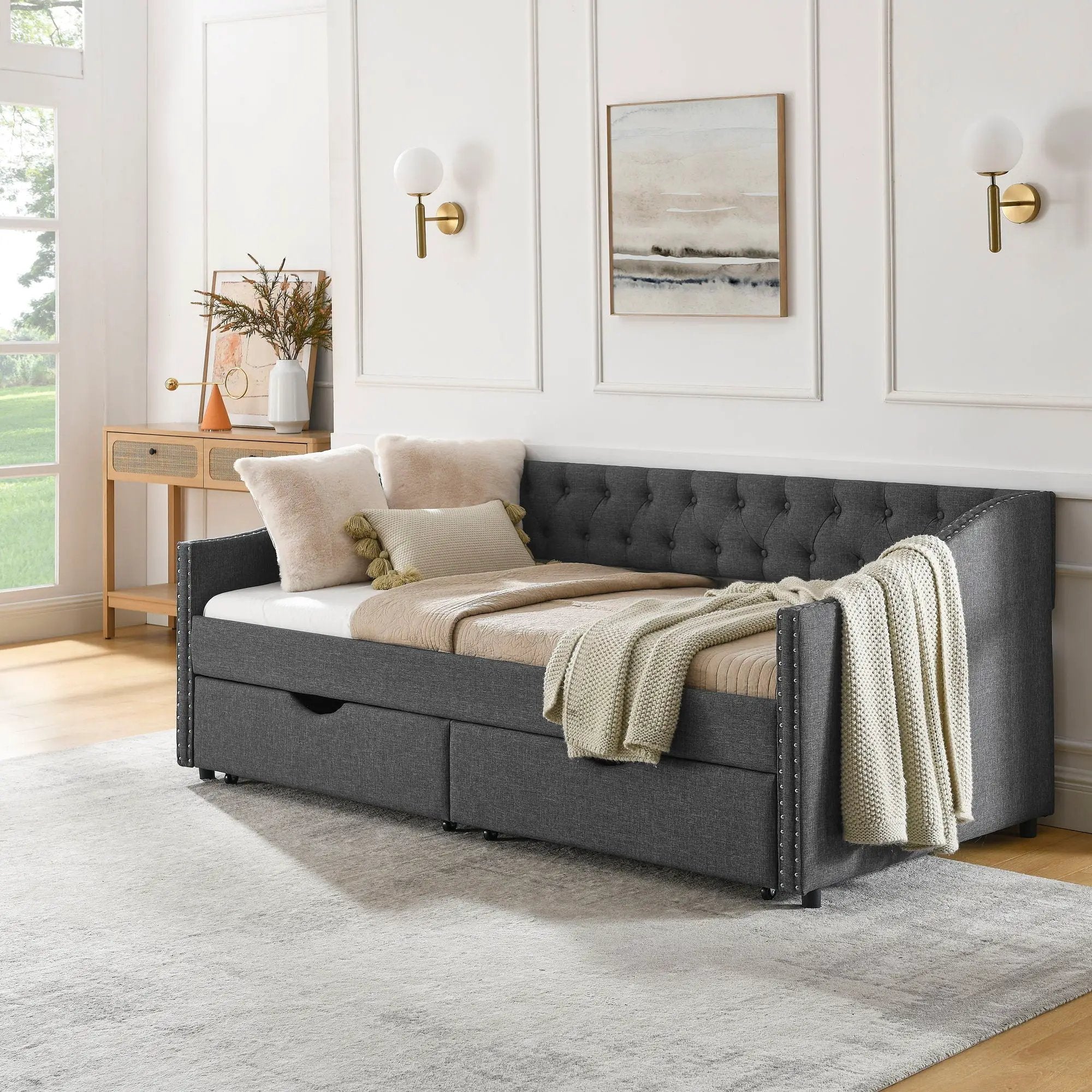 Upholstered Tufted Daybed With 2 Drawers, Waved Arms by Unique Piece Furniture