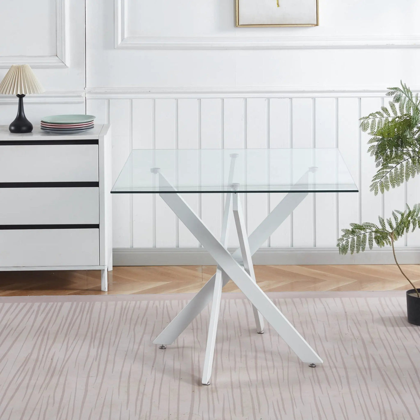 Dining Table With Cross Metal Leg And Tempered Glass, Modern Space Saving Kitchen Table For Living Room Legs, Square Table by HouseOfZazla