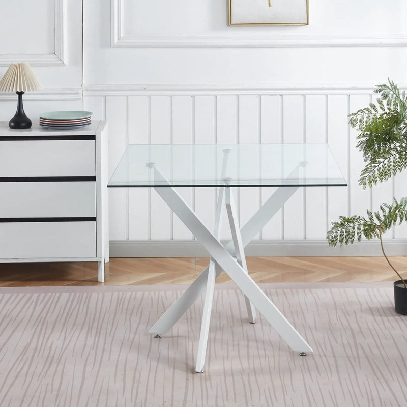 Dining Table With Cross Metal Leg And Tempered Glass, Modern Space Saving Kitchen Table For Living Room Legs, Square Table by Unique Piece Furniture