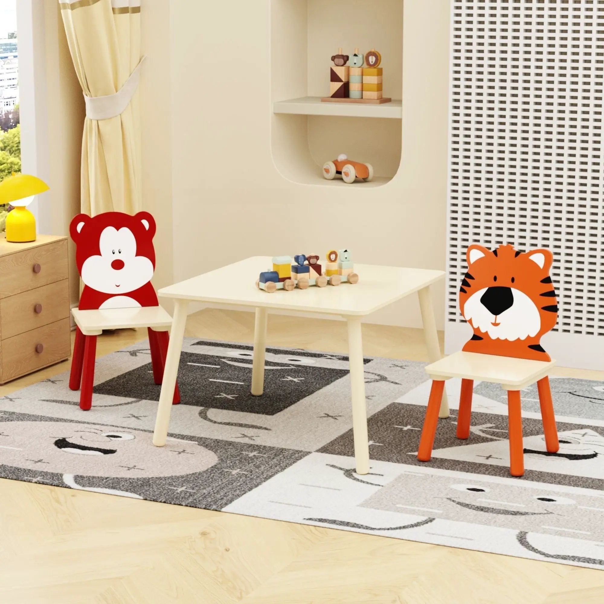 Table And 2 Chairs Set, Activity Play Table Set With Bear & Tiger Design - Natural by HouseOfZazla