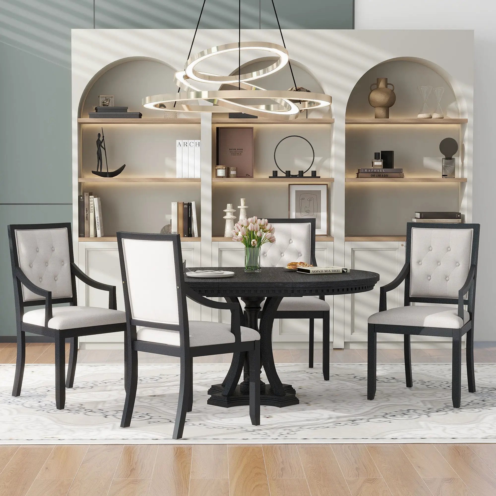 5 Piece Dining Set Extendable Round Table And 4 Chairs - Black / Oak by HouseOfZazla