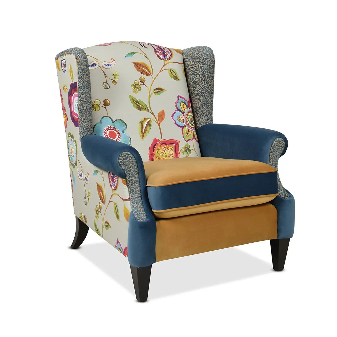 Anya - Boho Chic Wingback Accent Arm Chair - Floral / Leopard / Blue Teal / Yellow Gold by Unique Piece Furniture