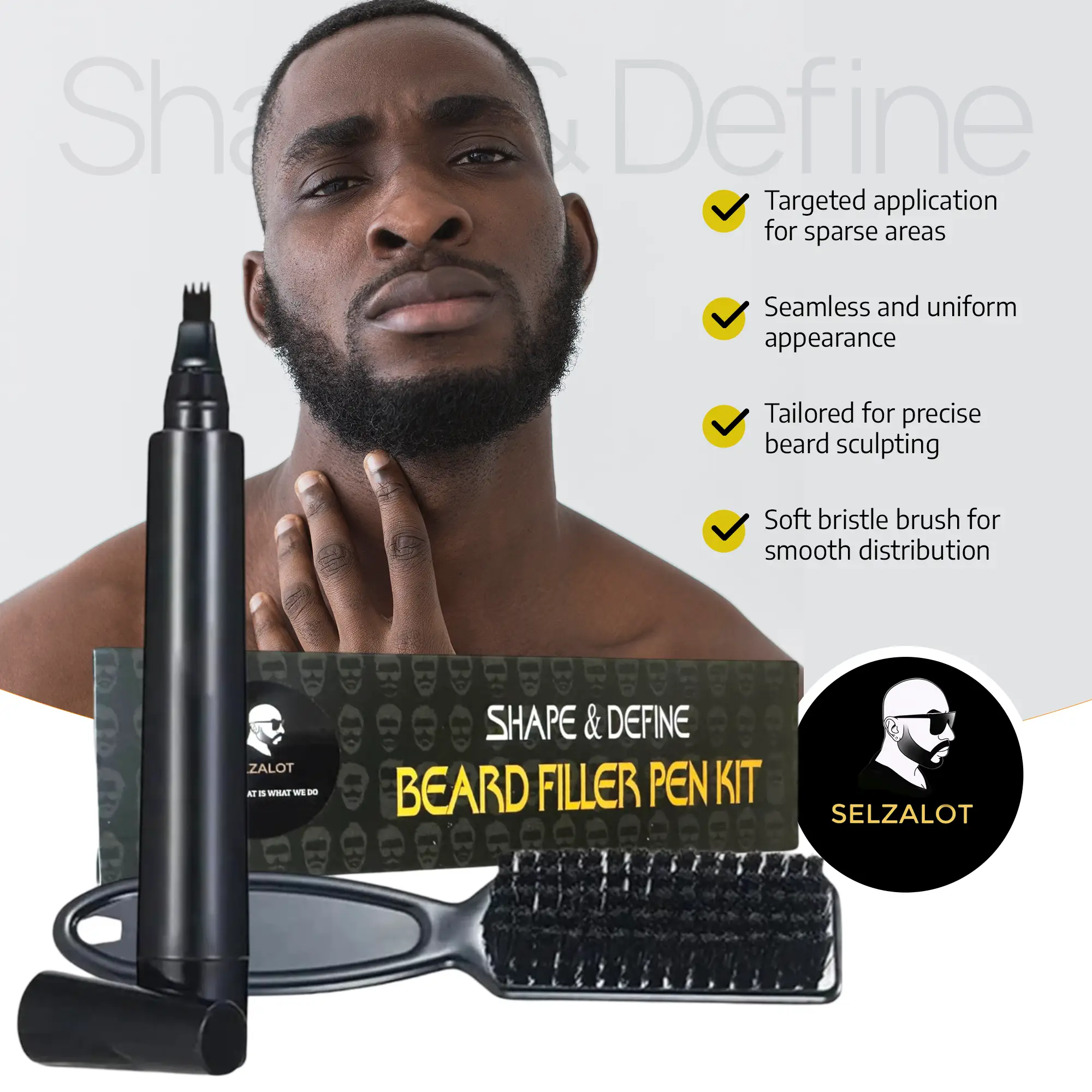 SELZALOT 4-Tip Beard Filler Pen Kit - Waterproof, Sweat-Proof, Long-Lasting Coverage for a Fuller Beard with Brush by Selzalot