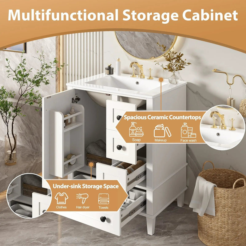Bathroom Vanity With Integrated Basin, Soft Close Drawers, Door Mounted Double Layer Shelf by Unique Piece Furniture