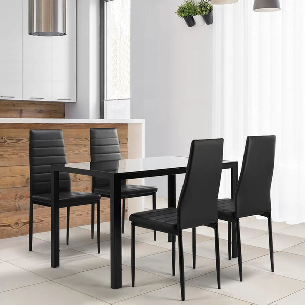 5 Pieces Dining Table Set For 4, Kitchen Room Tempered Glass Dining Table, 4 Faux Leather Chairs - Black, photo 2 of 7