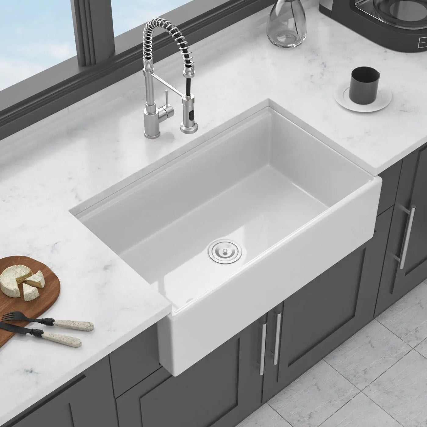 Porcelain Ceramic Farmhouse Sink Workstation With Reversible Apron Design - Single Bowl by HouseOfZazla