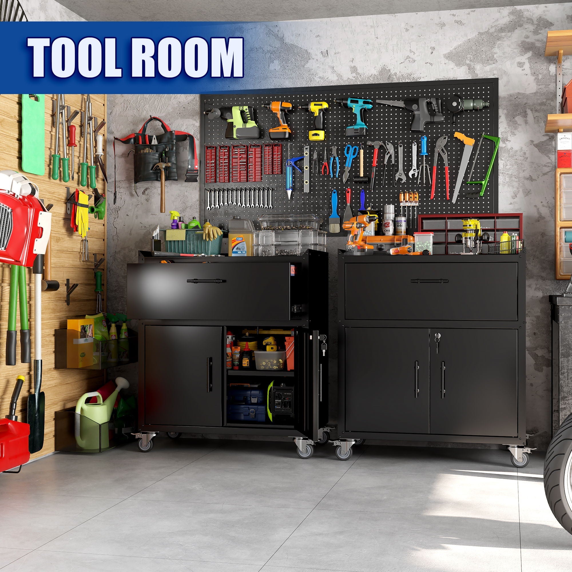 Rolling Metal Tool Storage Cabinet, Lockable Garage Storage Cabinet, Locking Metal Storage Cabinet With Wheels, Rolling Tool Chest, Assembly Required - Black by HouseOfZazla