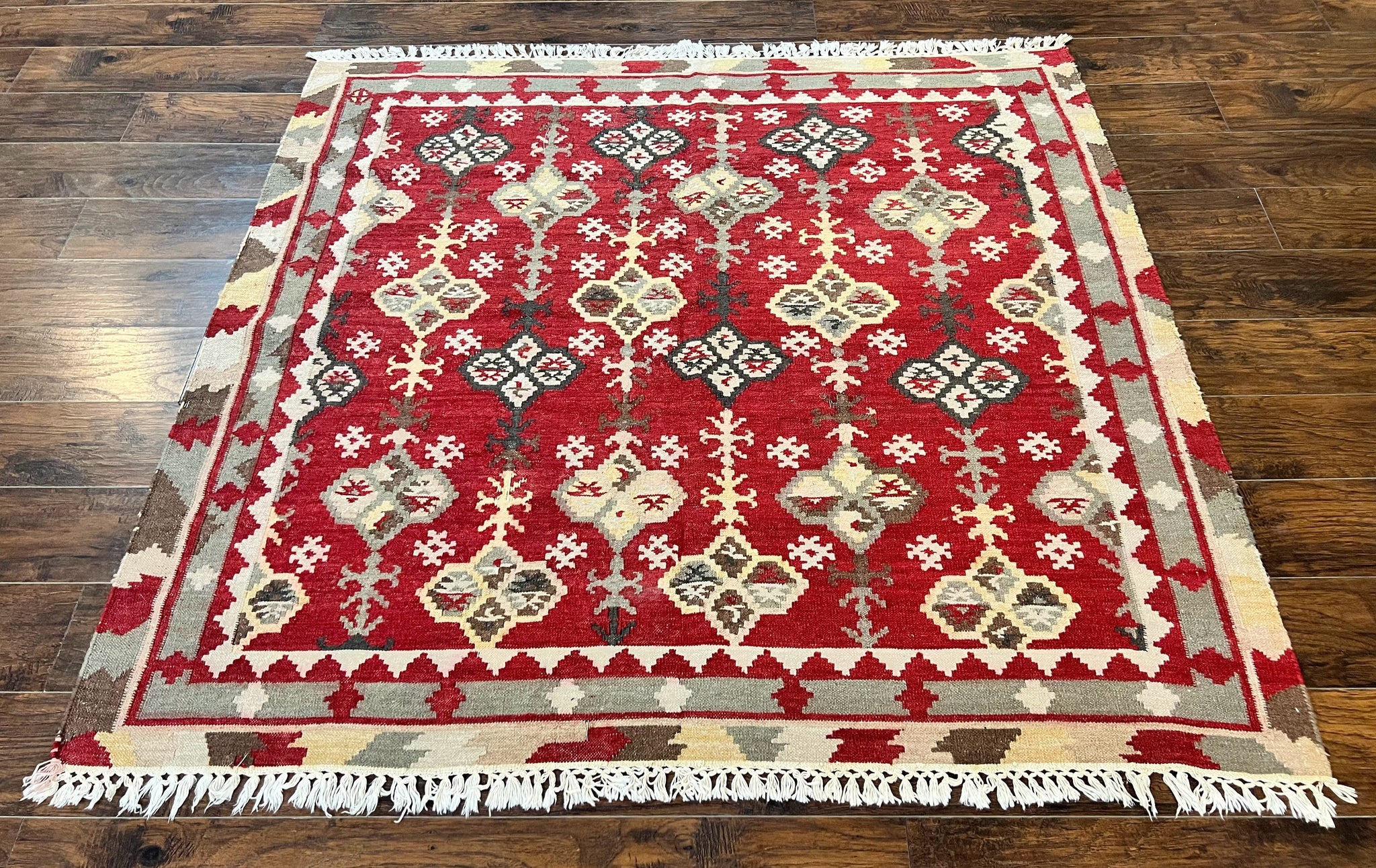 Indian Kilim Rug 6x6, Square Kilim Flatweave Carpet, Vintage Handmade Wool Rug, Red by Jewel Rugs