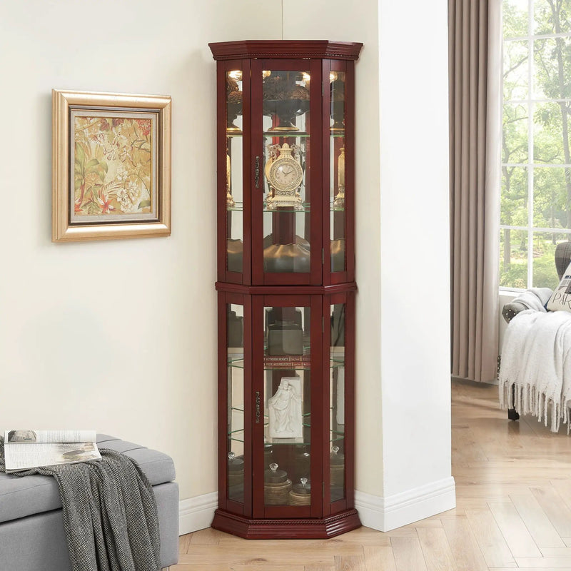 Corner Curio Cabinet With Lights, Adjustable Tempered Glass Shelves, Mirrored Back, Display Cabinet (E26 Light Bulb Not Included) by Unique Piece Furniture