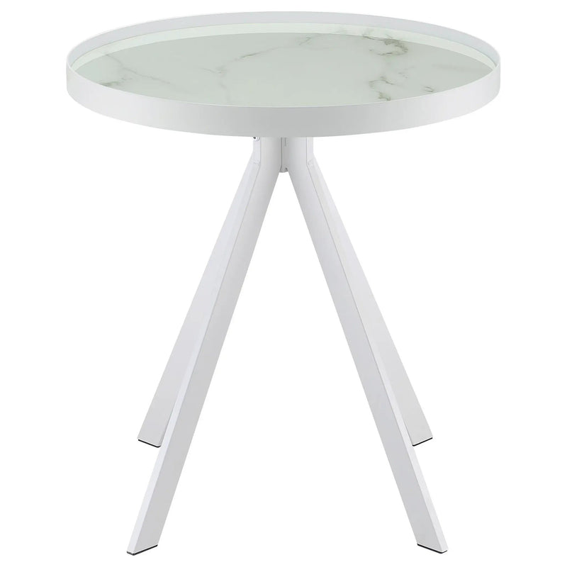 Briggs Round Marble Printed Glass Top End Side Table White by Unique Piece Furniture