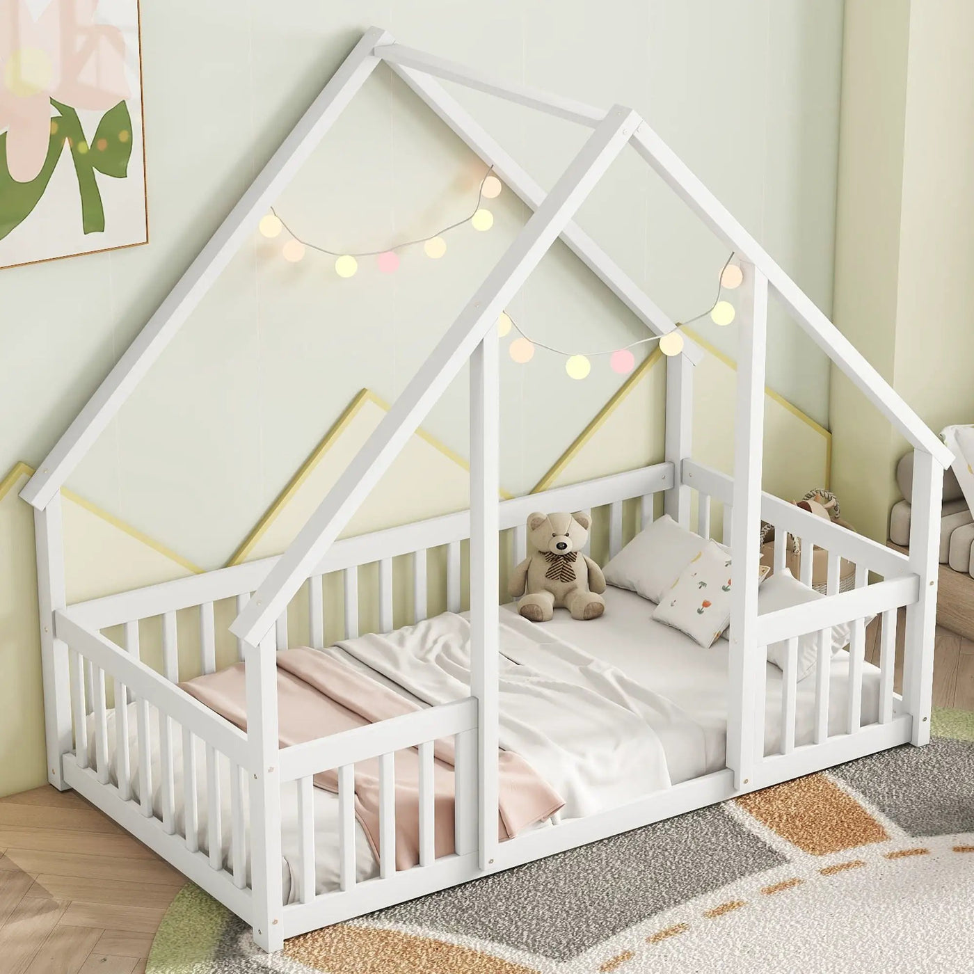 Wood House-Shaped Floor Bed With Fence, Guardrails by HouseOfZazla