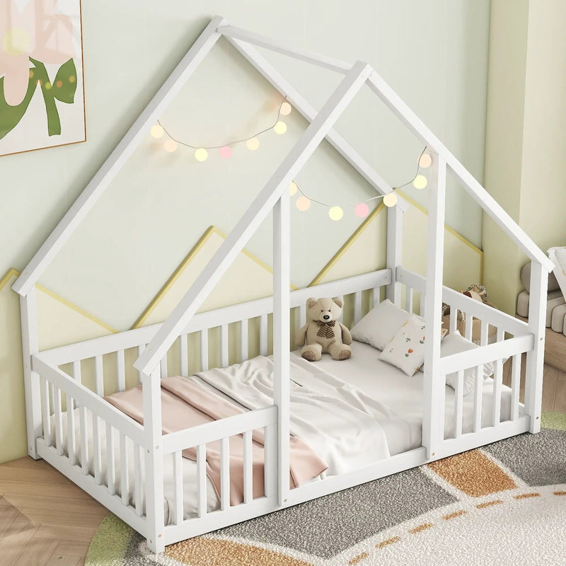 Wood House-Shaped Floor Bed With Fence, Guardrails by HouseOfZazla