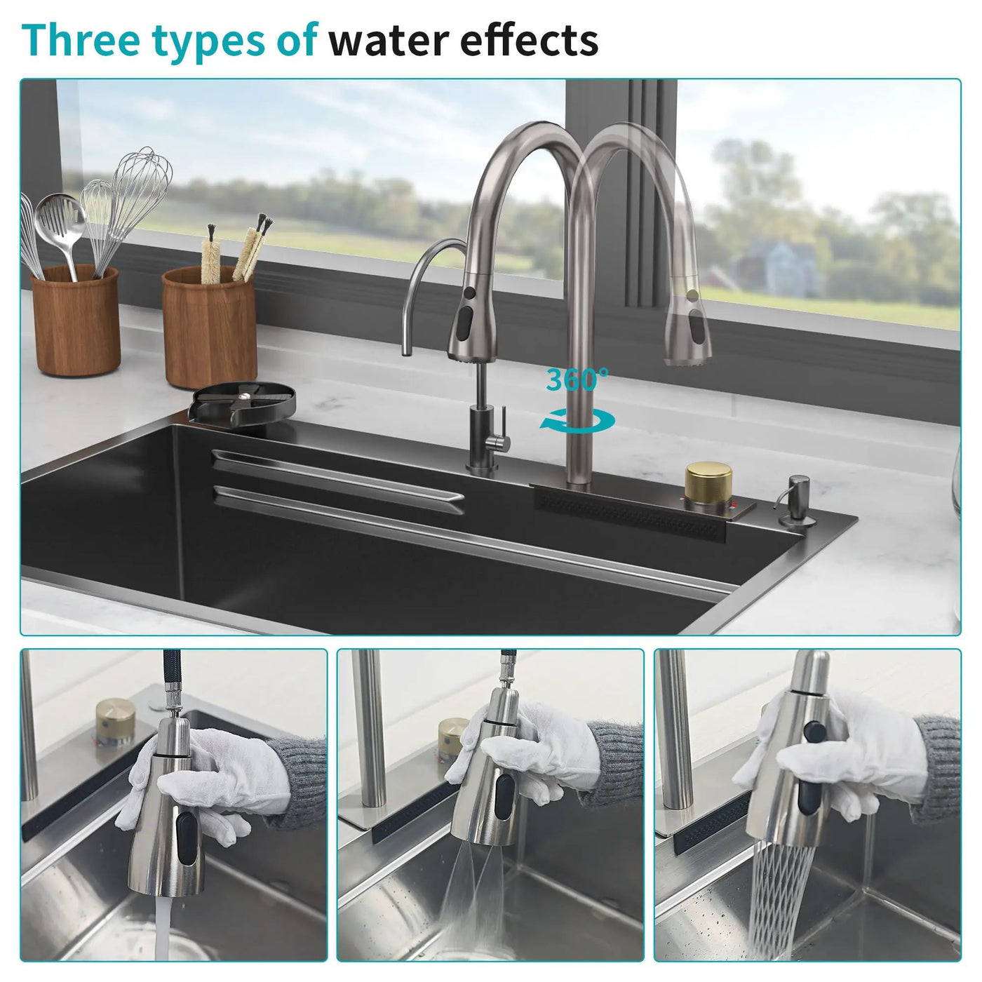 Waterfall Kitchen Sink With Pull Out Faucet & Cup Washer by HouseOfZazla