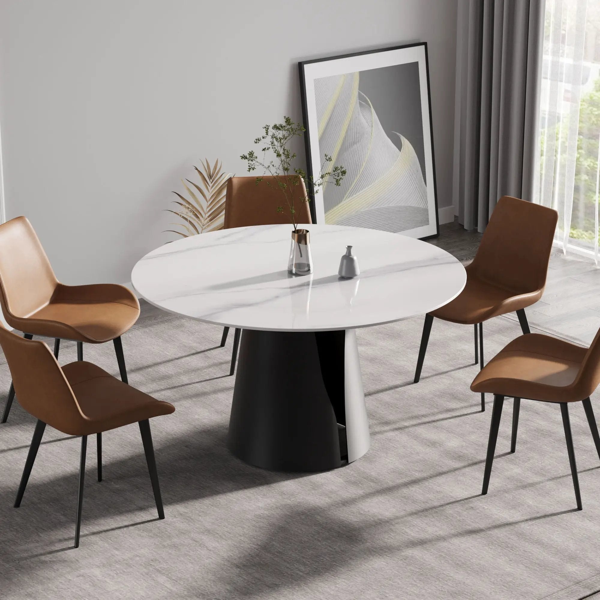 53.15" Modern Artificial Stone Round Carbon Steel Base Dining Table, Can Accommodate 6 People - White / Black by HouseOfZazla