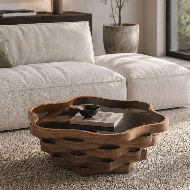 36.02" Unique Irregular Cloud Shaped Coffee Table with Tempered Glass Top, Multi-Layer Wave MDF Base Modern Artistic Cocktail Table for Living Room & Apartment, photo 4 of 7