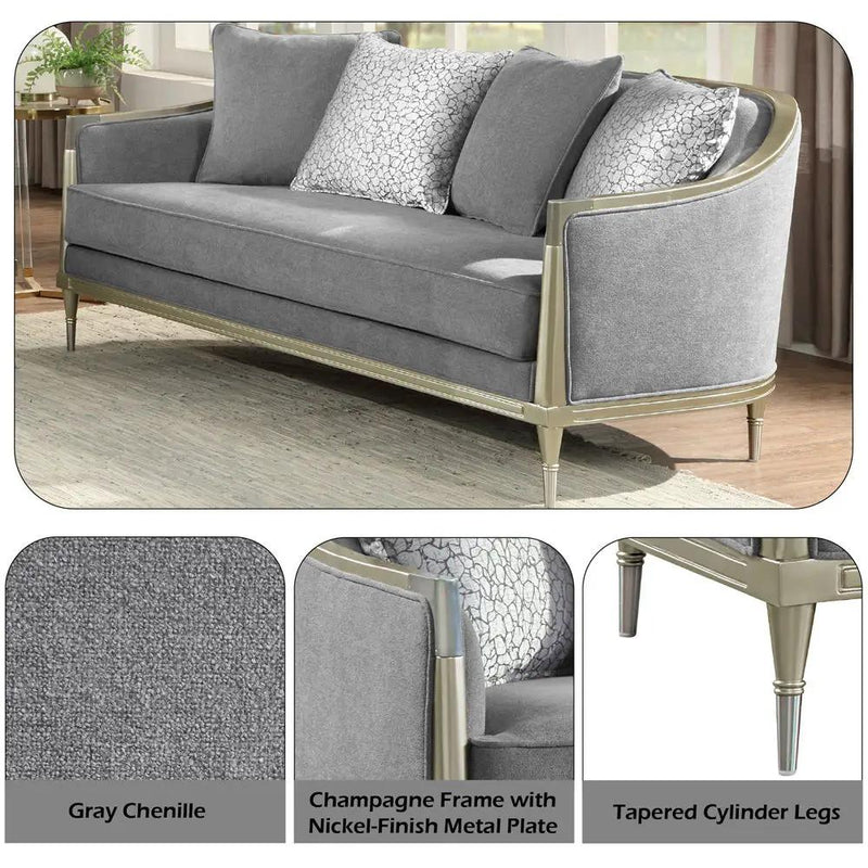 Fernando - Loveseat With 4 Pillows - Gray Chenille & Champagne by Unique Piece Furniture