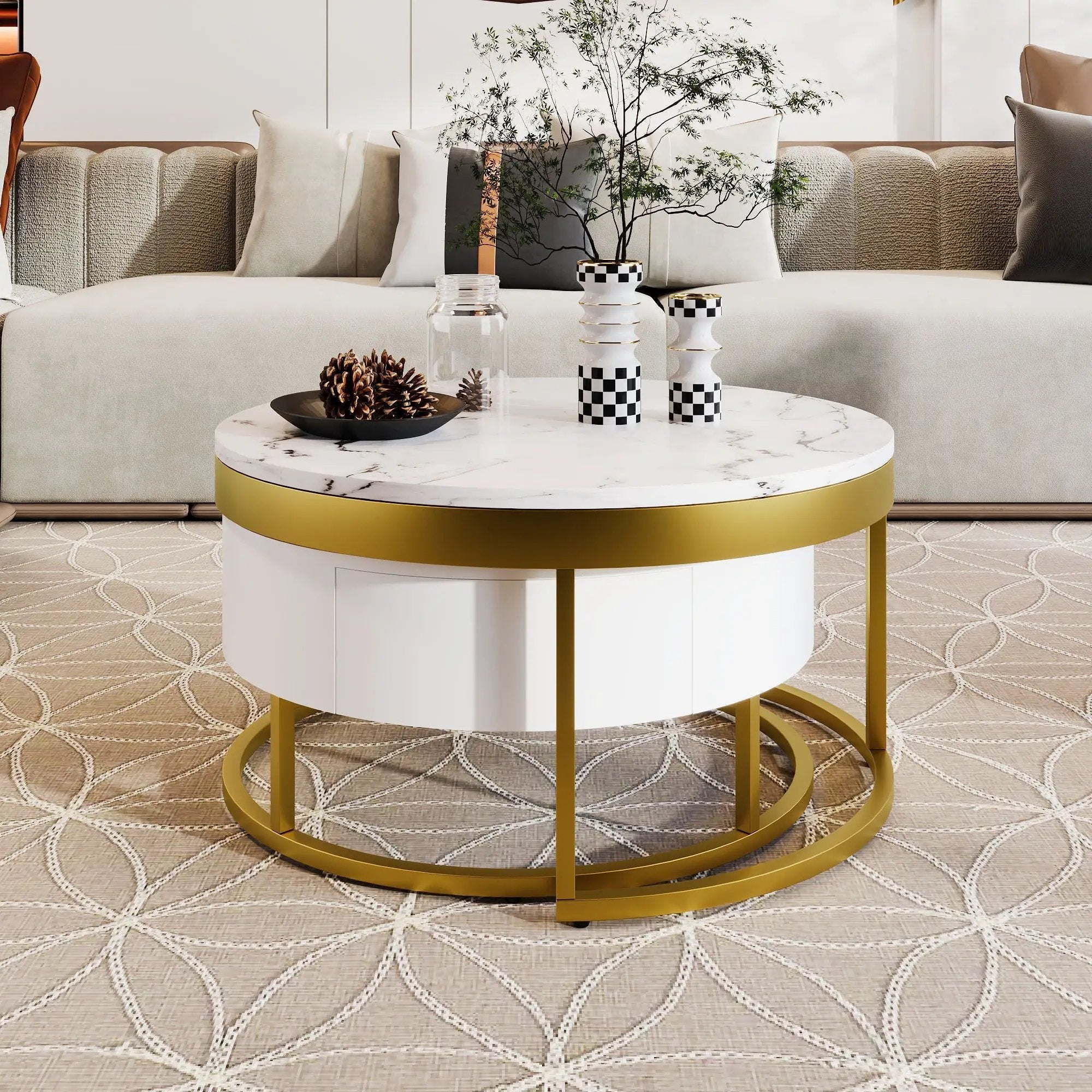 Round Nesting Coffee Table With Drawers - Golden / White by Unique Piece Furniture