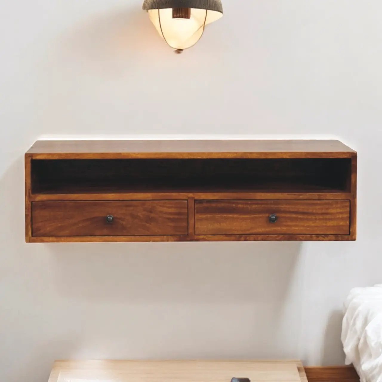 Solid Wood Lunar Wall-Mounted Media Unit, 2-Drawers, Chestnut by HouseOfZazla