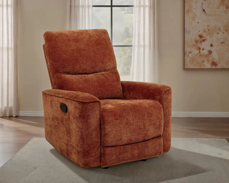 Navarro Chenille Upholstered Glider Recliner Burnt Orange by Unique Piece Furniture