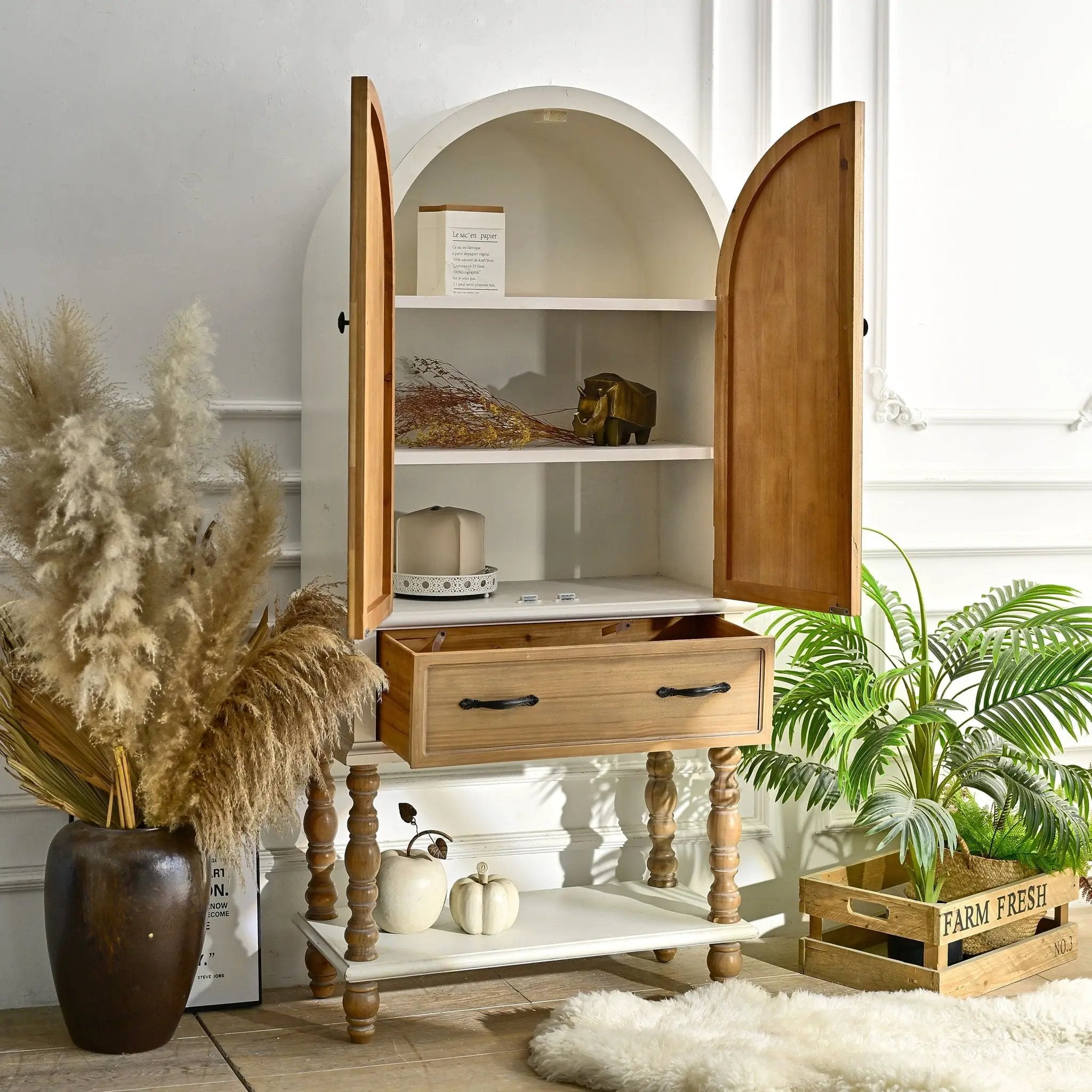 Arched Flower Carved Door Accent Sideboard Cabinet With 1 Drawer And Shelf, Cabinet For Kitchen - Natural / White by Unique Piece Furniture
