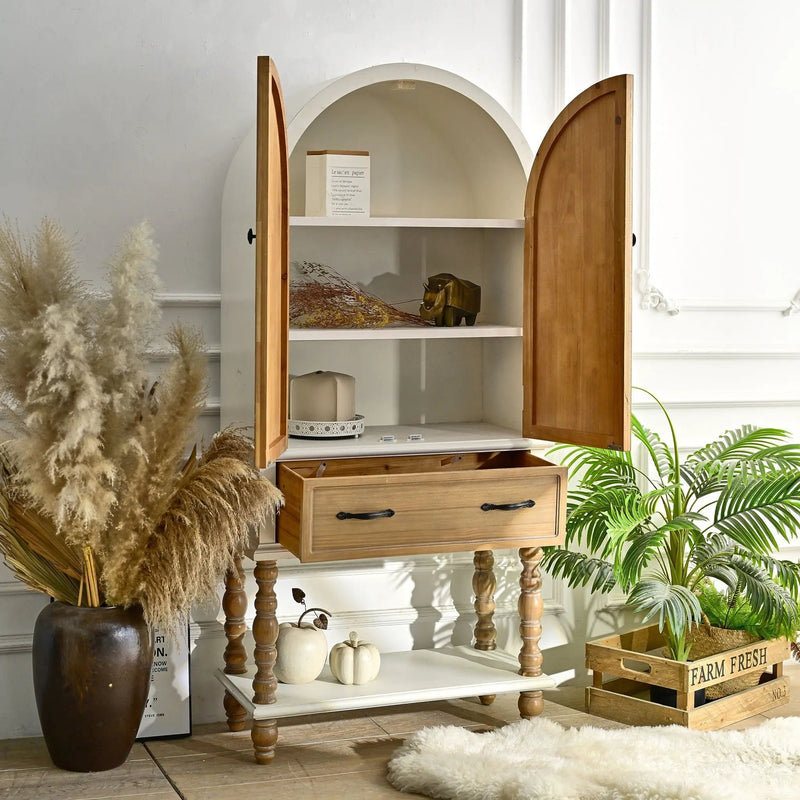 Arched Flower Carved Door Accent Sideboard Cabinet With 1 Drawer And Shelf, Cabinet For Kitchen - Natural / White by Unique Piece Furniture