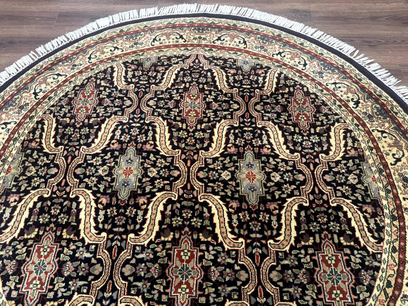 Round Indo Persian Rug 6x6, Indian Bidjar Rug, Navy Blue and Beige by Jewel Rugs