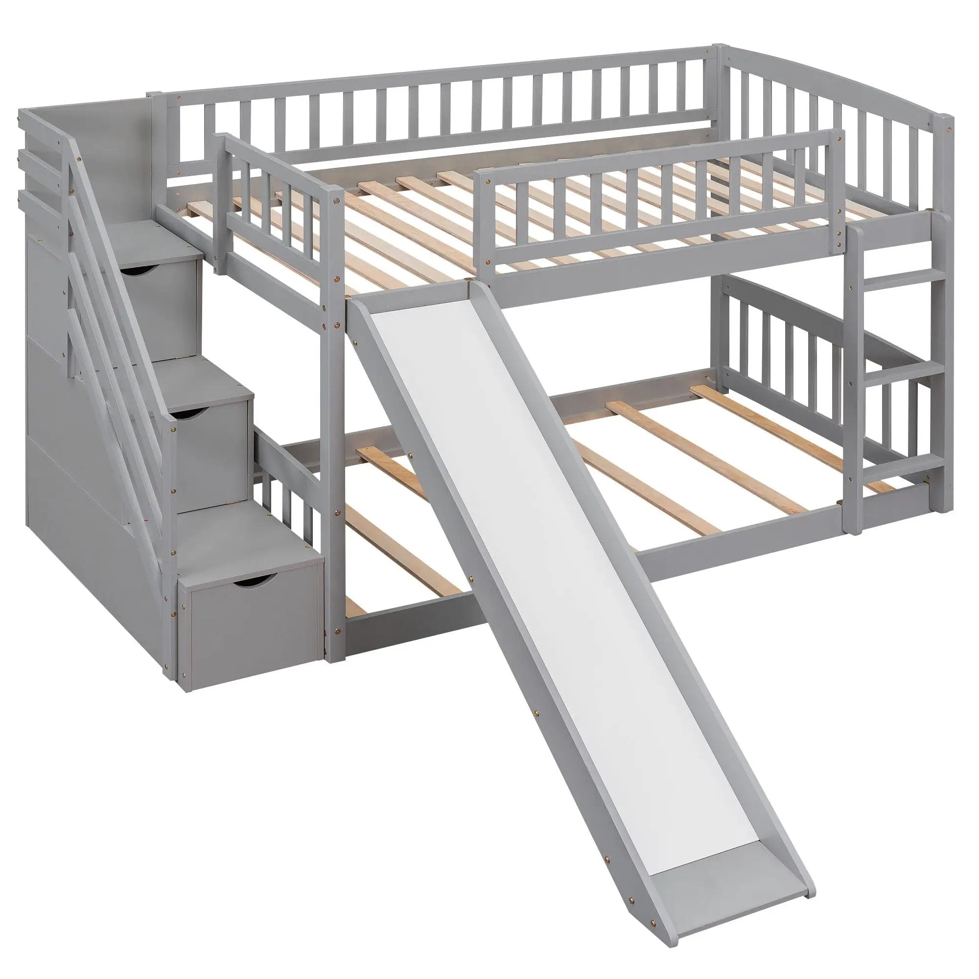 Twin Over Twin Bunk Stairway Bed With 2 Drawers And Slide - Gray by HouseOfZazla