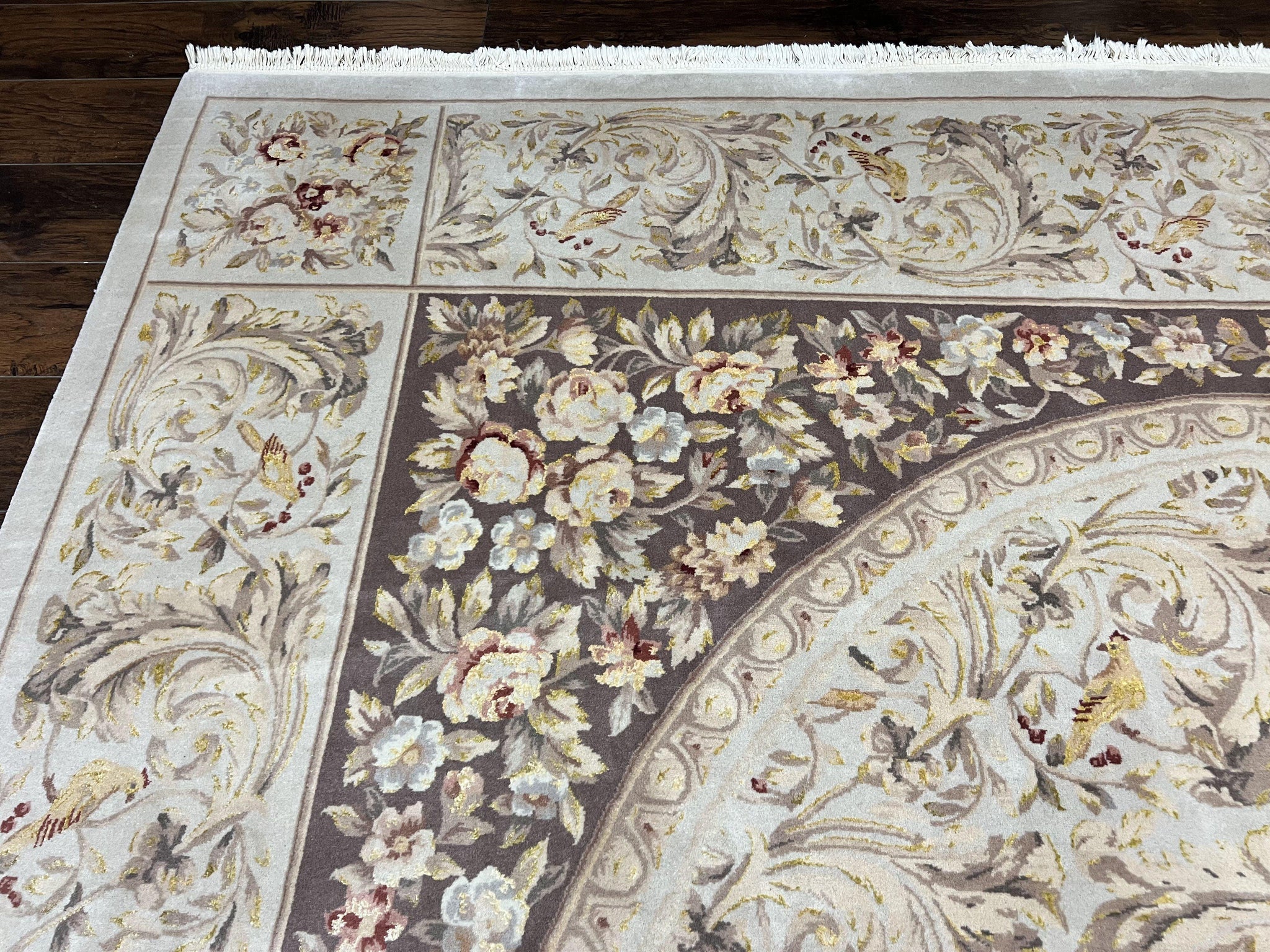 Aubusson Rug 10x14, Wool & Silk Highlights Hand Knotted Vintage Carpet, Birds Flowers, Fine Details, Elegant by Jewel Rugs