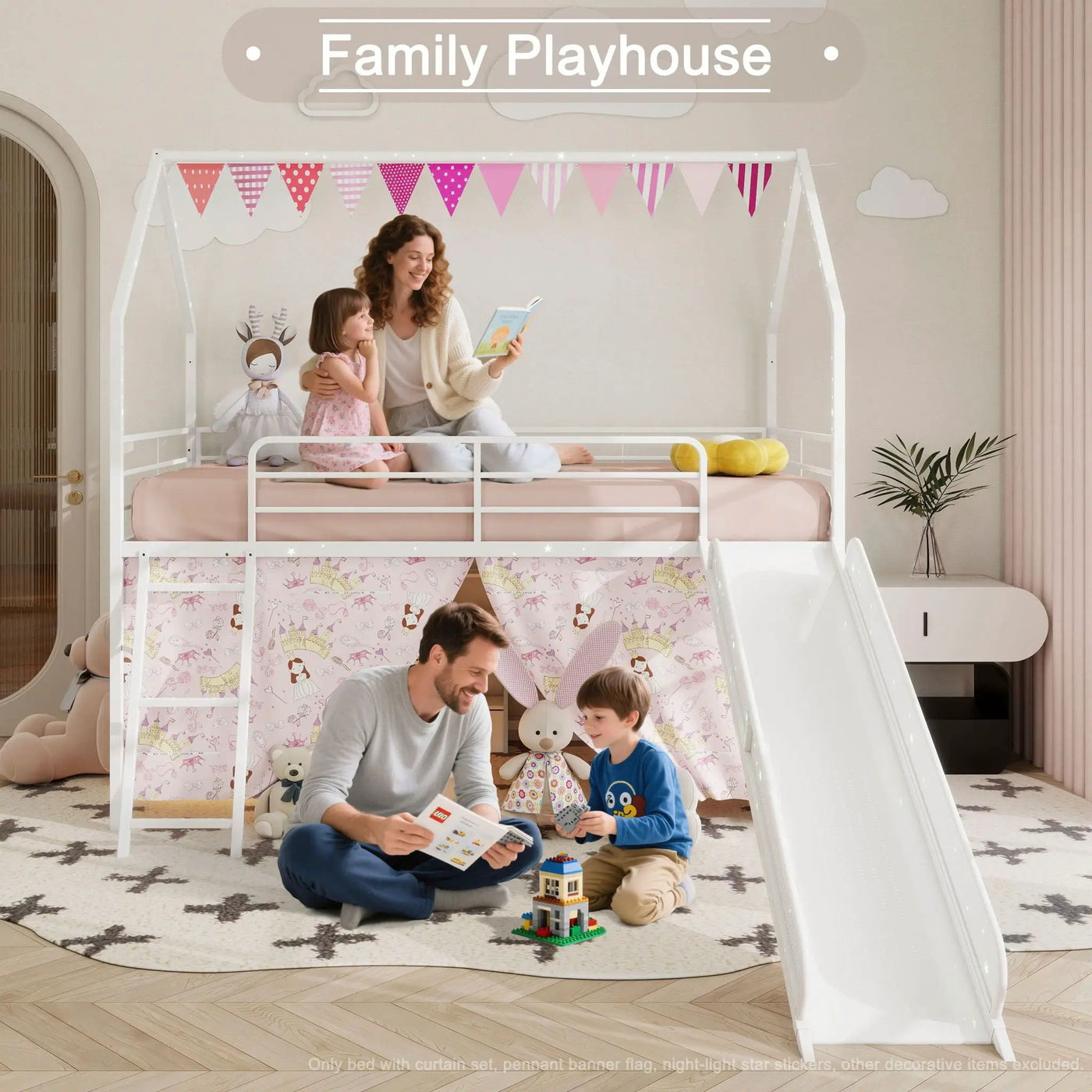 Jack - House Loft Bed With Slide And Curtain Set by HouseOfZazla