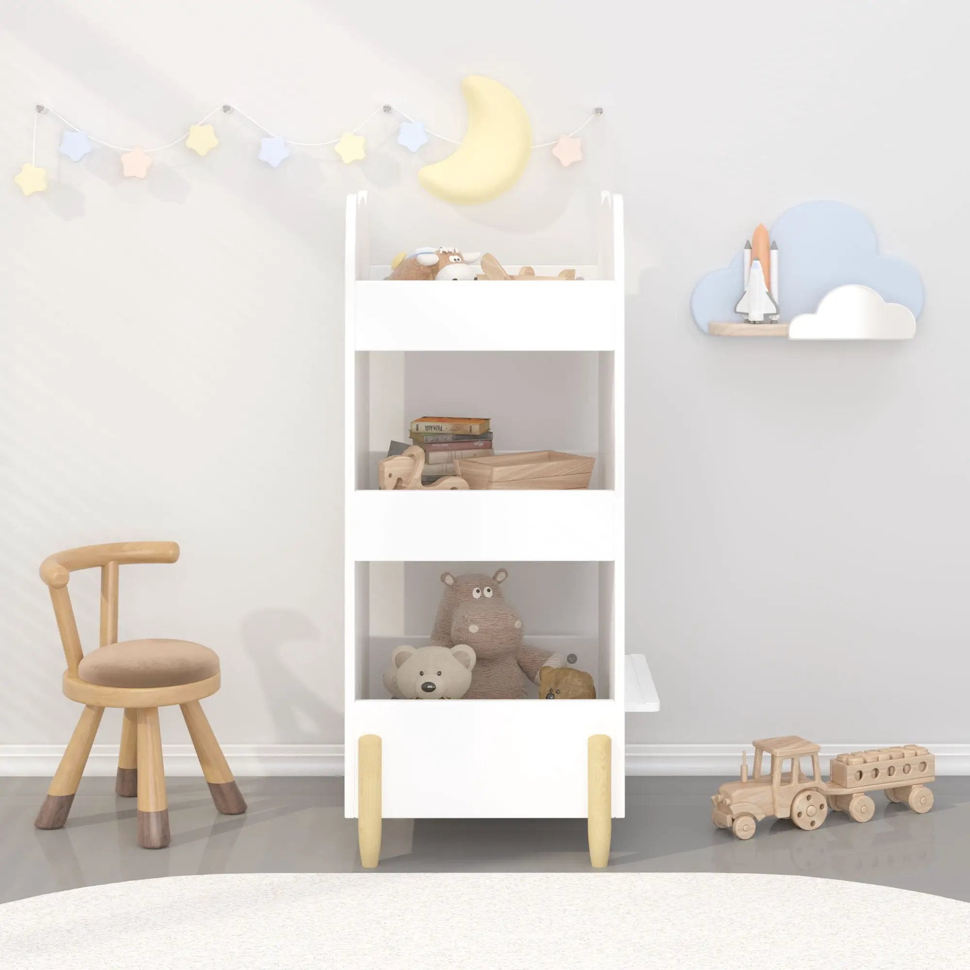 Bear Shaped Bookshelf With Chalkboard Side, 3 Tier Storage Organizer For Playroom - White by Unique Piece Furniture