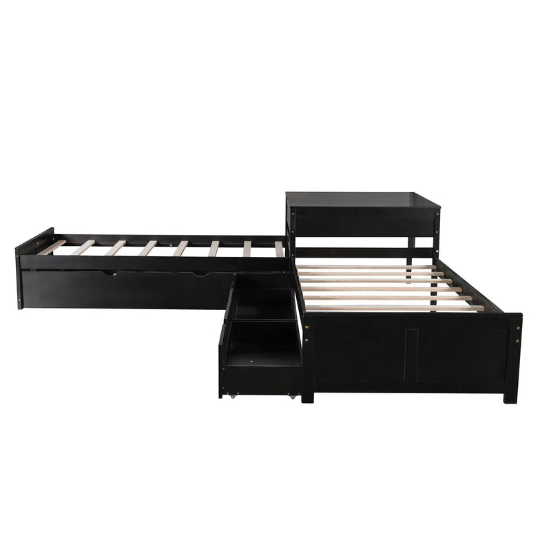 L Shaped Platform Bed With Trundle And Drawers Linked With Built In Desk by Unique Piece Furniture