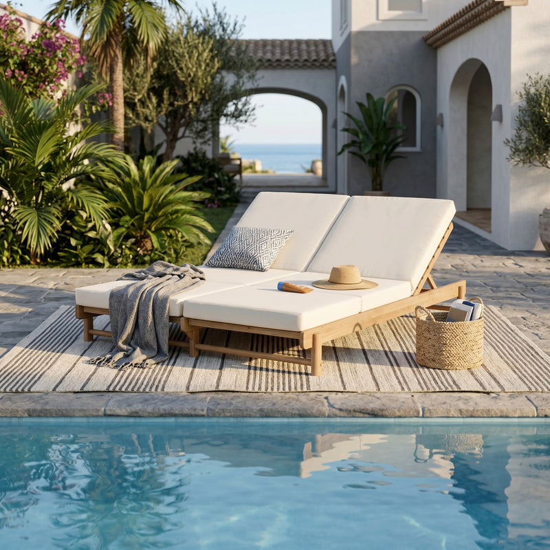 Light Teak Acacia Wood Double Chaise Lounger Set, photo 5 of 10