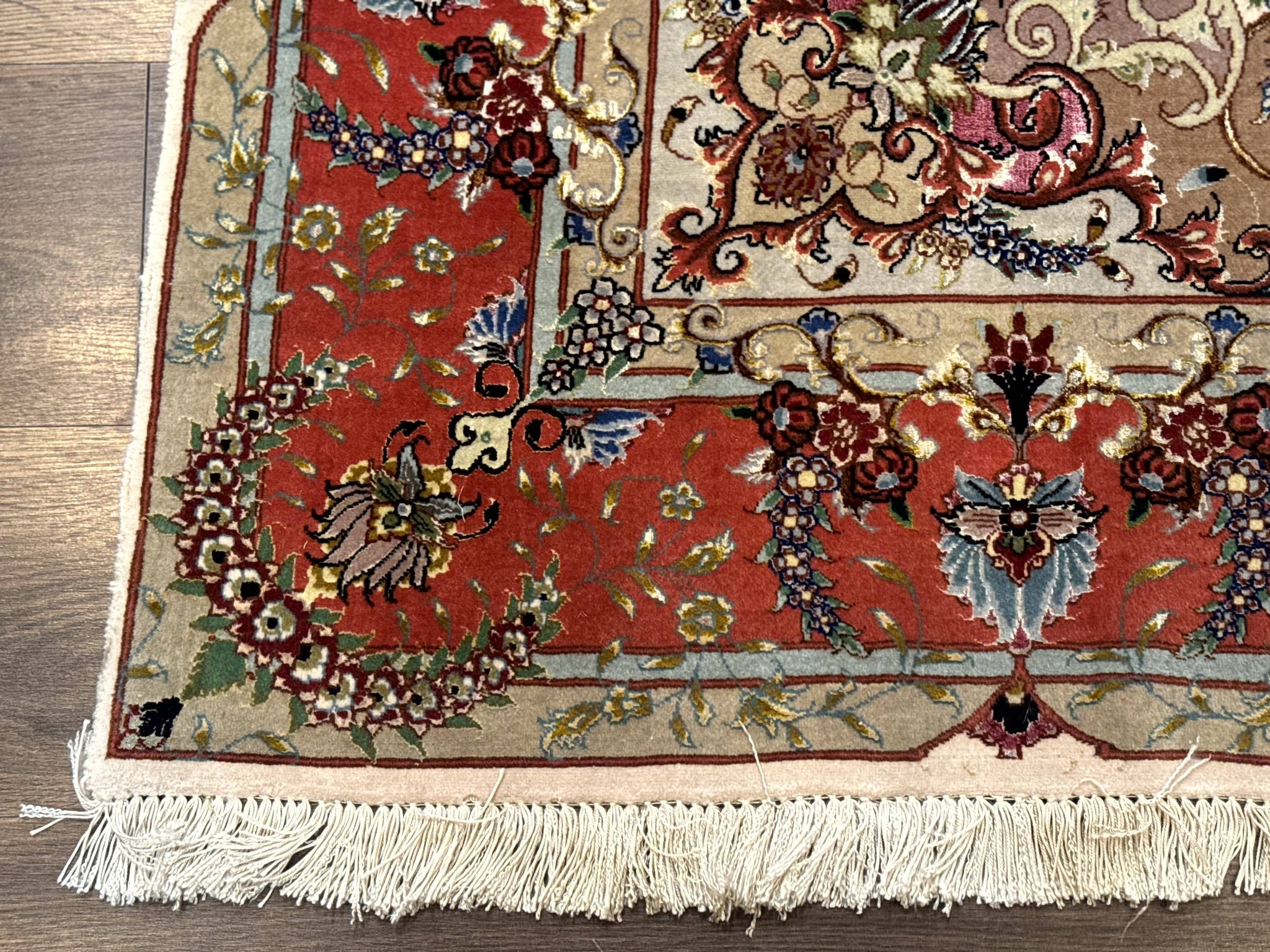 Wonderful Persian Tabriz Rug 5x7, Very Fine 440 KPSI, Ivory and Coral, Rare by Jewel Rugs
