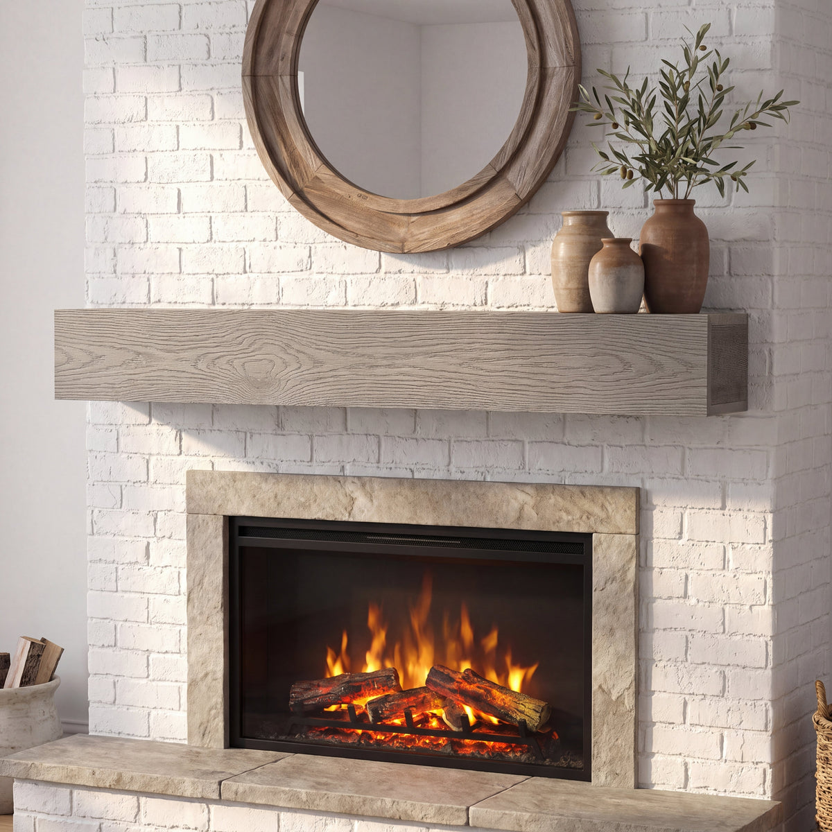 60" Rustic Embossed Wood Fireplace Mantel,Wall-Mounted & Floating Shelf for Home Decor