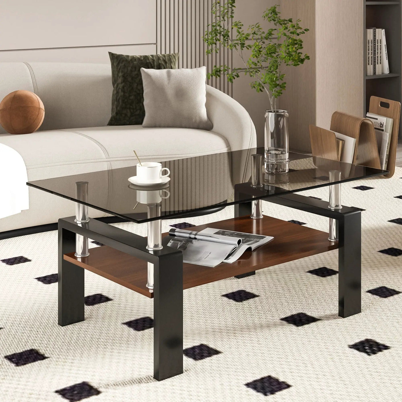 Modern Rectangular Coffee Table With Tempered Transparent Glass Top And Storage Shelf by HouseOfZazla