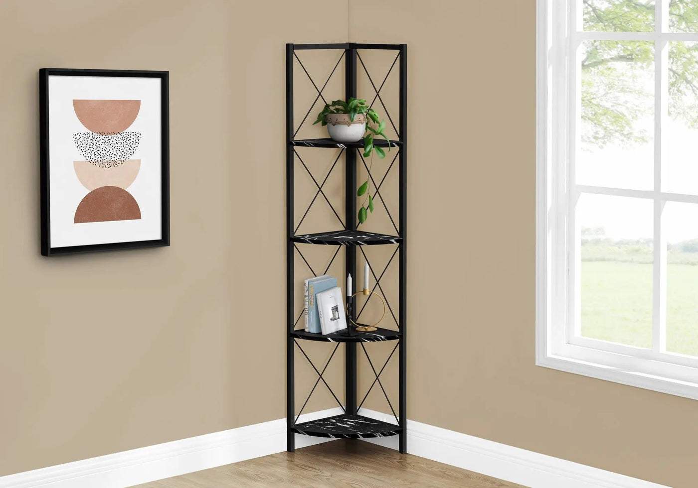 4-Tier Corner Bookshelf with Marble Look and Metal Frame by HouseOfZazla