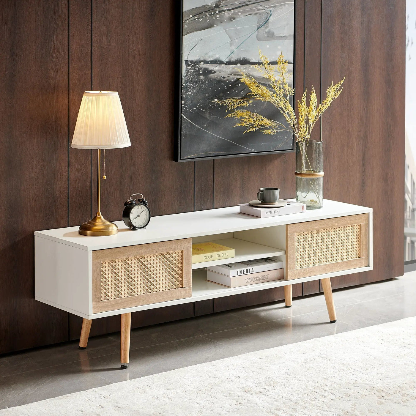 55.12" Rattan TV Cabinet, Double Sliding Doors For Storage, Adjustable Shelf, Solid Wood Legs, TV Console For Living Room by HouseOfZazla