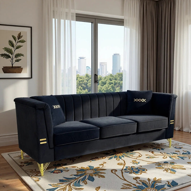 FX-P82-BK2 Modern Velvet 3-Seater Sofa with 2 Pillows by HouseOfZazla