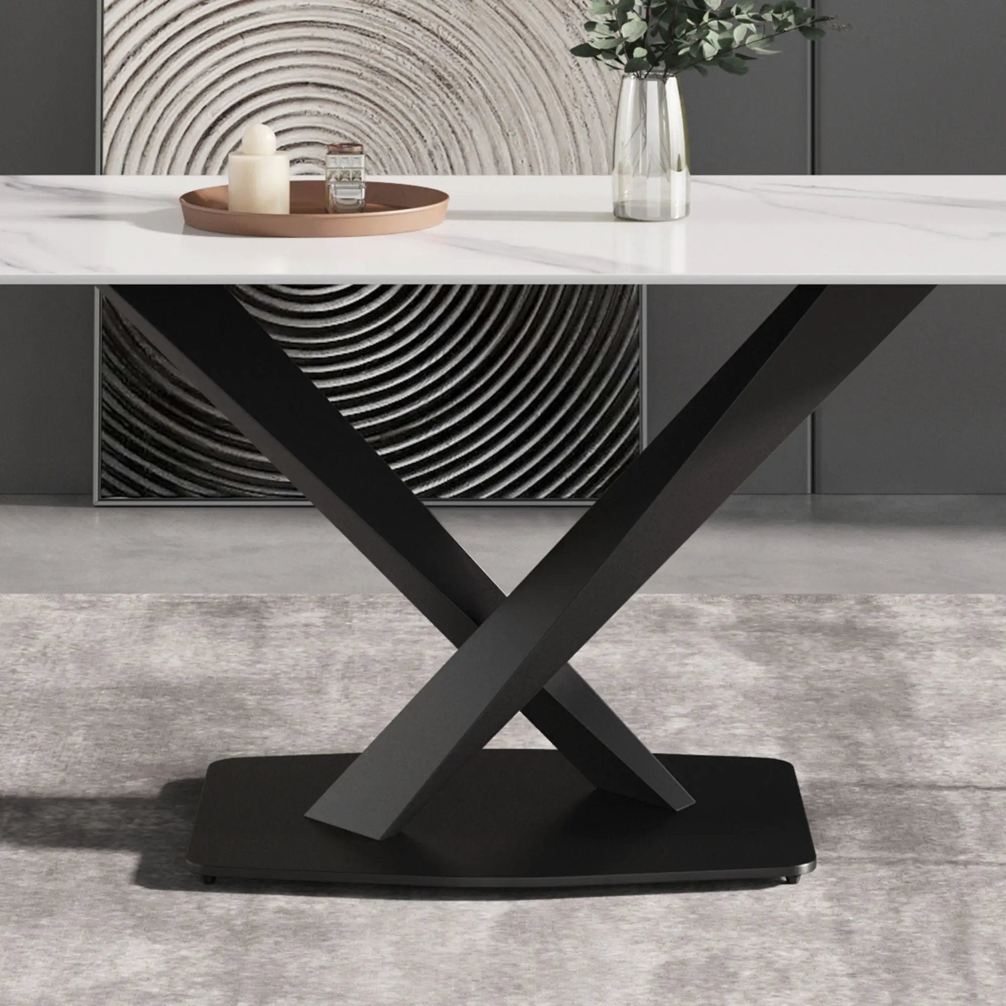 63" Modern Artificial Stone Straight Edge Metal X-Leg Dining Table, 6 People - White / Black by HouseOfZazla
