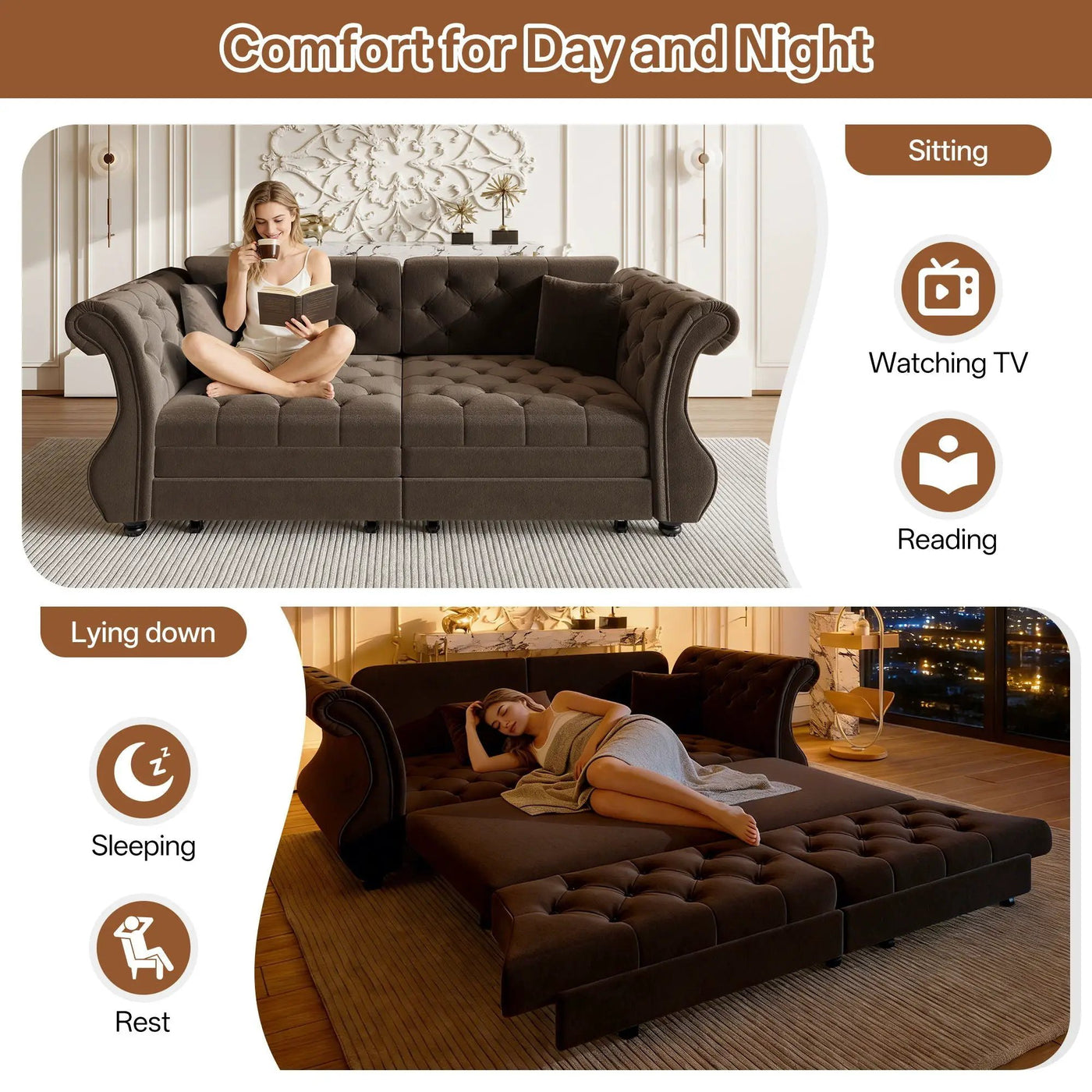 Oversized Chesterfield Pull Out Sofa Bed, Roll Arm Couch With Flower Tufting For Living Room by HouseOfZazla