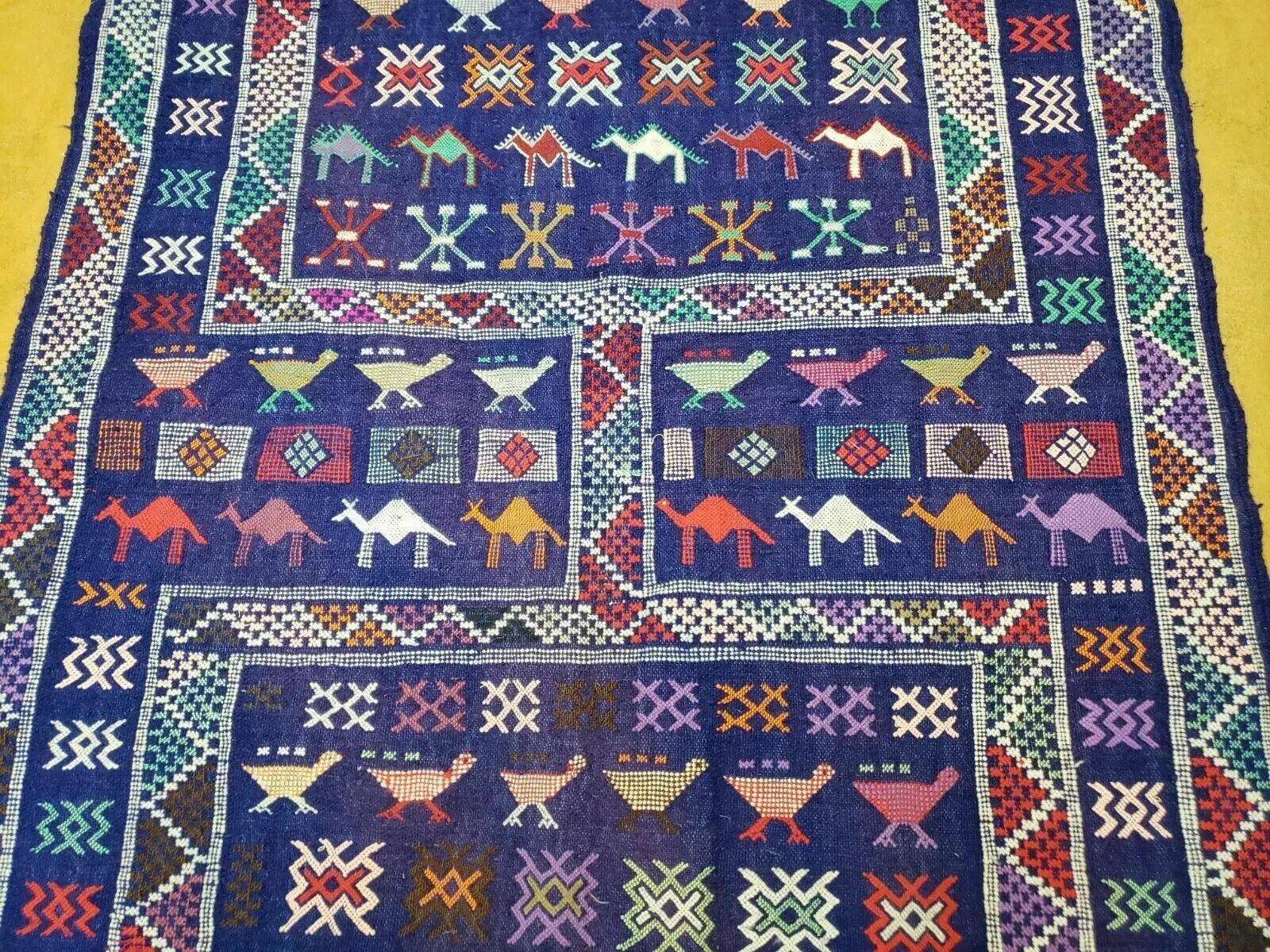 3' X 7' Vintage Handmade Indian Wool Kilim Flat weave Rug Camel Birds Blue Geometric Short Runner by Jewel Rugs