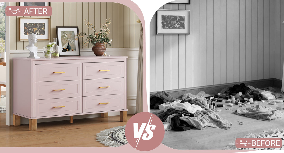 6-Drawer Double Dresser , Modern Storage Cabinet with Metal Handles & Solid Wood Legs, Dresser Drawer Organizer for Kids Bedroom, Heavy-Duty Wooden Dresser with Pre-Installed, photo 8 of 10